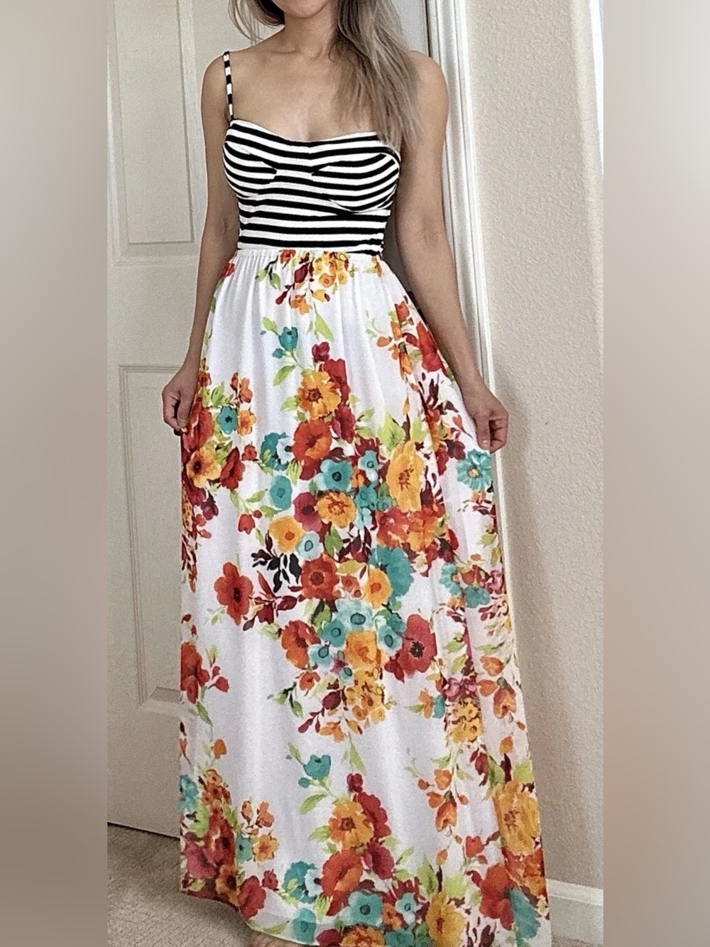 bebe White Maxi Skirt with Orange, Yellow & Teal Floral Print